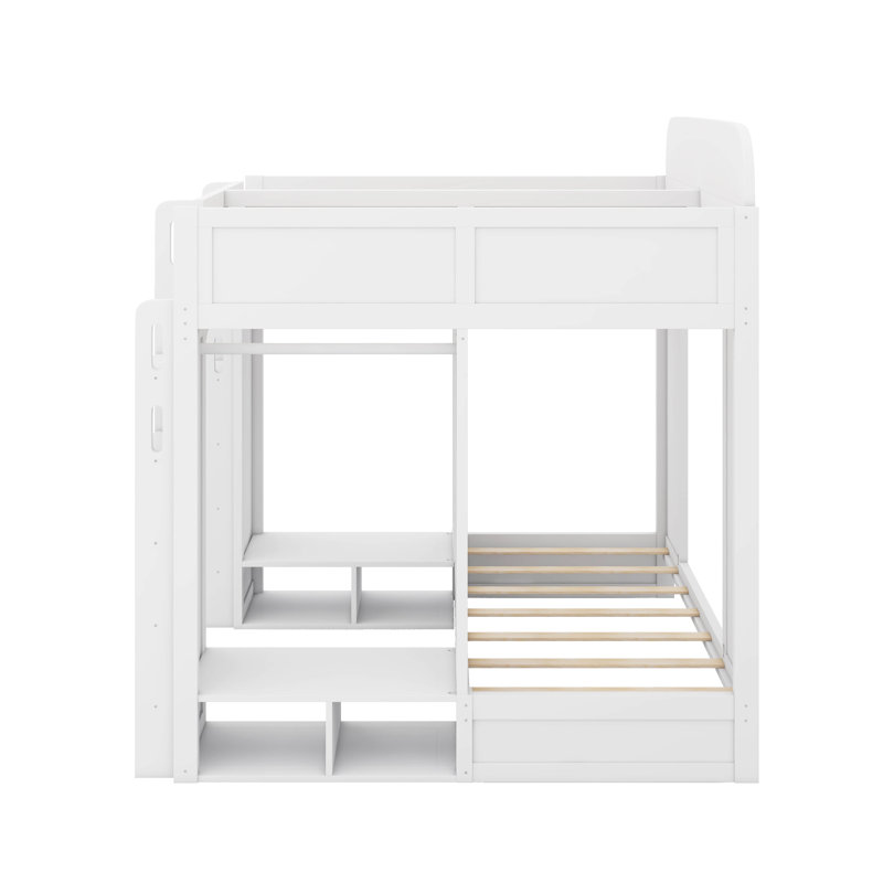 Lit superposé triple avec tablettes et crochets de rangement, simple + simple sur simple TG, Blanc
