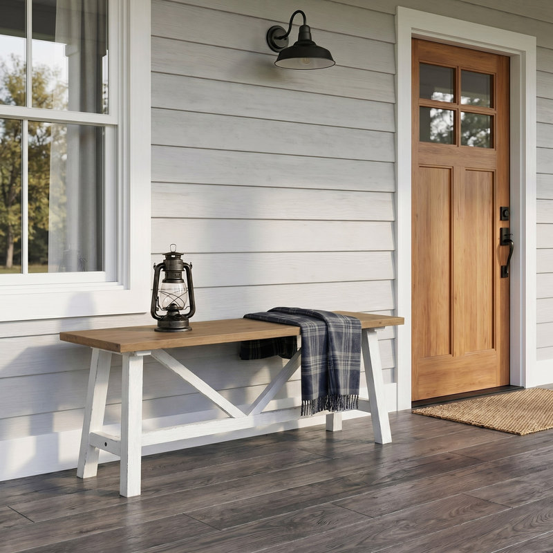 Petit banc court en bois massif Fawaka, Natural/Vintage White