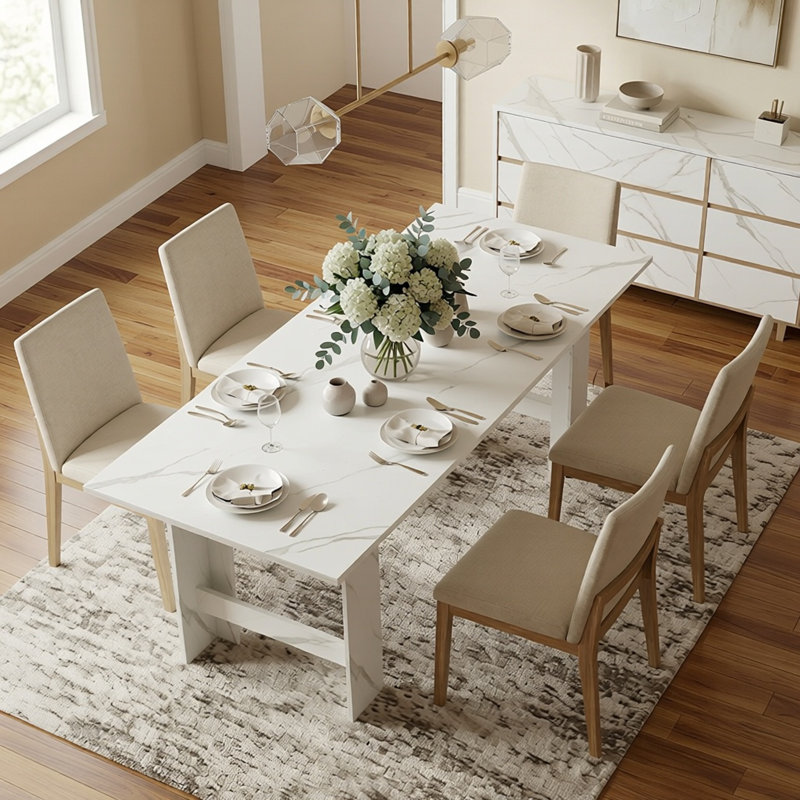 Rectangular Modern Marble-Effect Foldable Dining Table