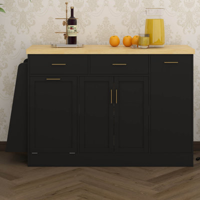 Sideboard Buffet Cabinet With Sliding Door & 3-Tier Spice Rack, Tilt Out Trash Bin Holder