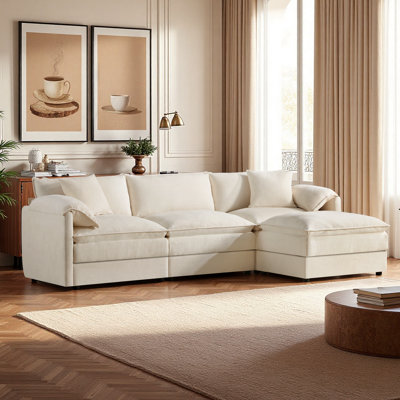 113.7In Modern Living Room Corduroy Cloud Sofa, Modular Sofa With Flexible Configuration, Frameless And Boneless Design, Compressed Packaging, Ideal For Apartments And Office Furniture, No Assembly Required,Beige