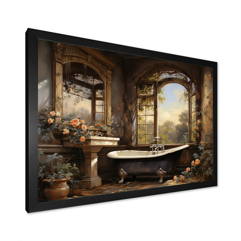 «Bathroom Vintage Elegance I» - Art mural de salle de bain, H 16 po x l 32 po x P 1 po, Cadre simple noir