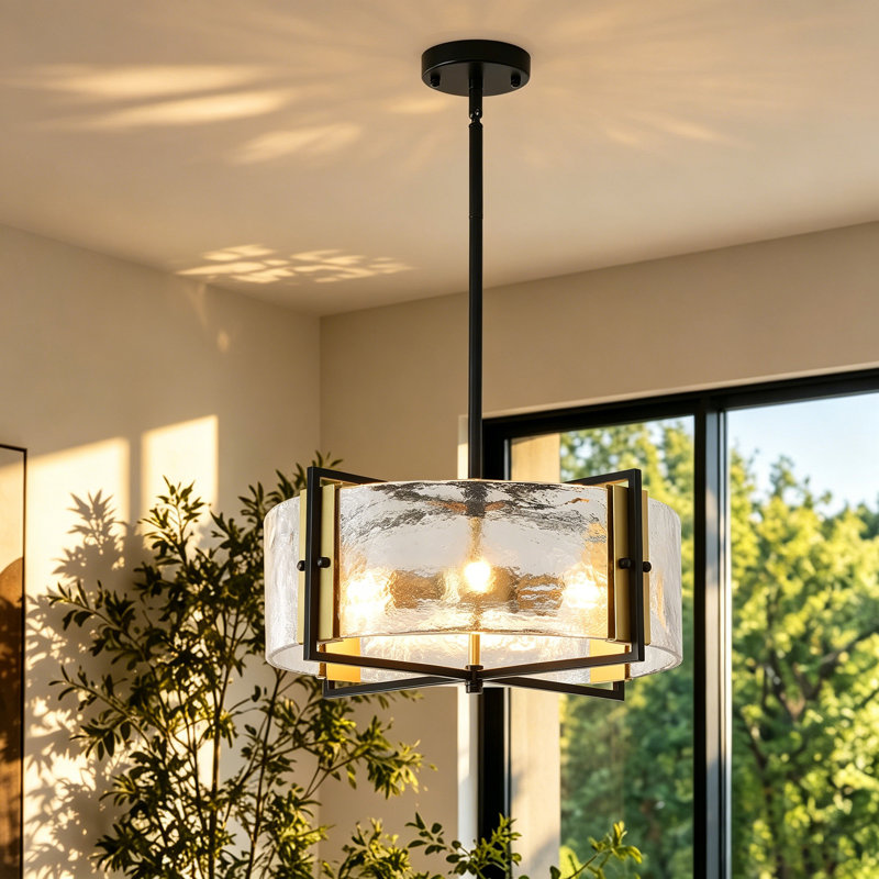 Luminaire suspendu tambour 3 lumières noir et laiton, luminaire suspendu moderne en verre d'eau texturé