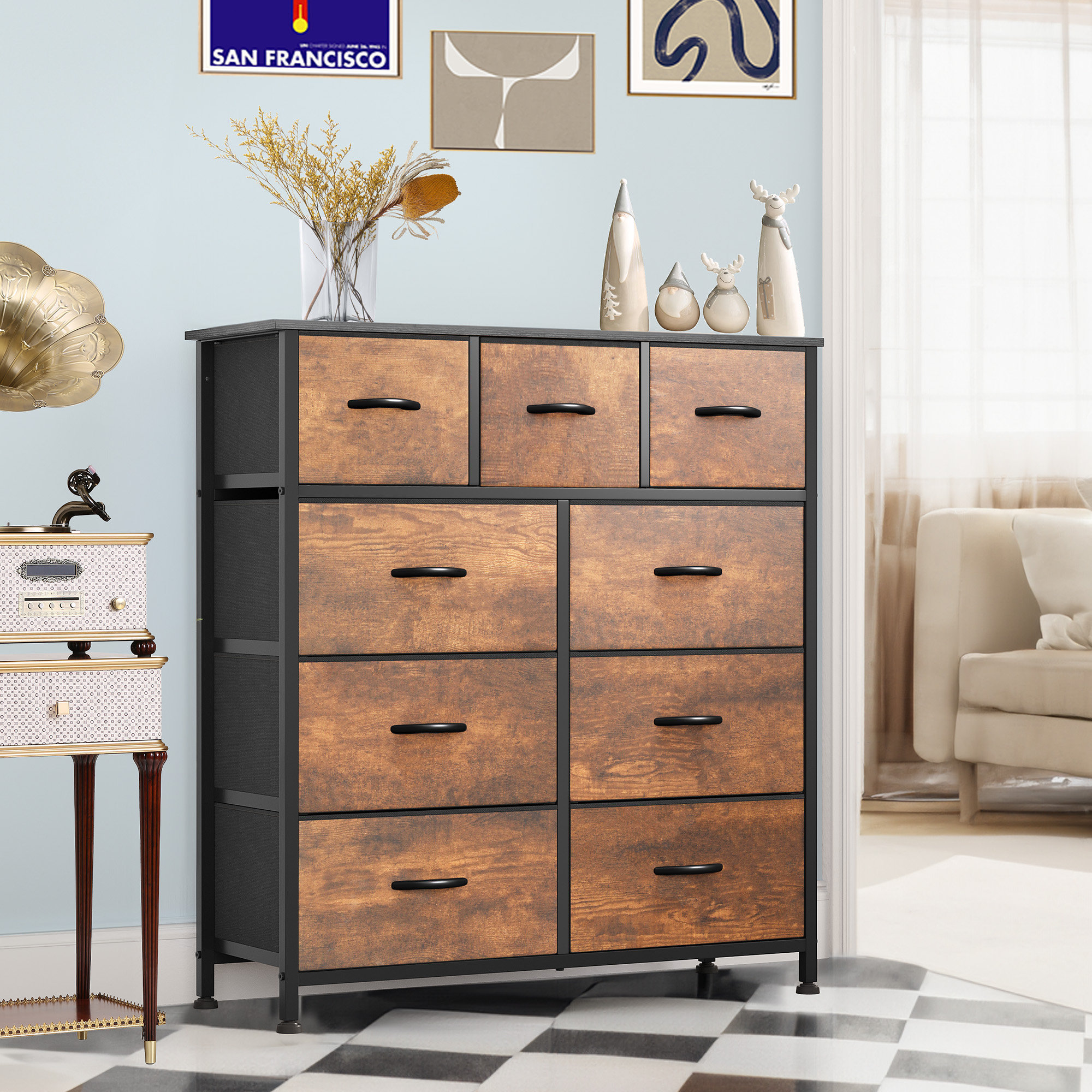 Ebern Designs Small 9 Drawer Bedroom Dresser With Wooden Tabletop | Wayfair