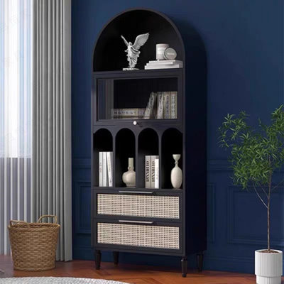 Noir + bois massif beige + rotin + vitrines