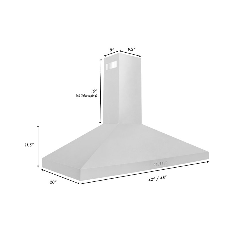 42" KL3 400 CFM Convertible Wall Mount Range Hood in Brushed Stainless Steel