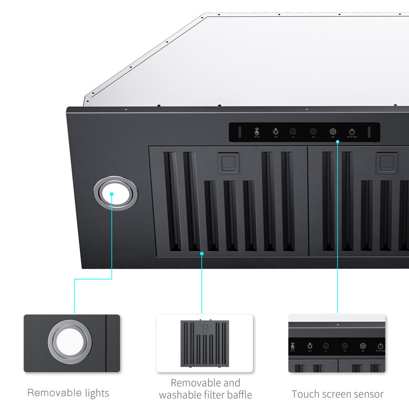 Hotte encastrable convertible en acier inoxydable à 3 vitesses VIKIO de 900 pi³ / min 36 pouces, Noir