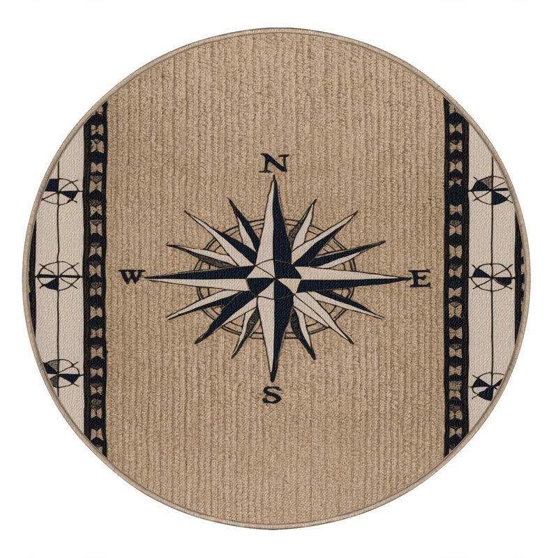 Washable Compass borders Nautical Area Rug, Round 6'