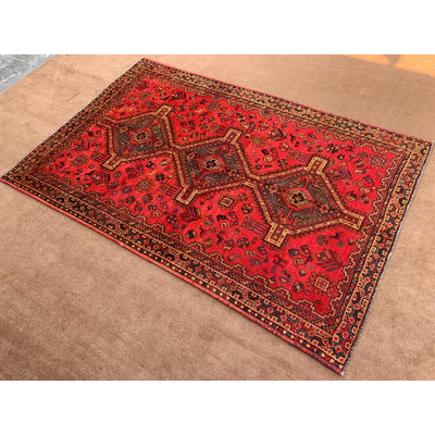 Tapis rétro 4,16 pi x 7,6 pi, tapis rouge en laine fabriqué à la main afghane, tapis géométrique, tapis tribal illustré, tapis antique, tapis à poils doux et à poils courts