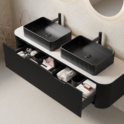 60" Bathroom Vanity With 2 Black Rectangular Sinks, Floating Striped Storage, Drawers, Pre-Assembled, Color, Basin, 3D Finish, Ample Space Ceramic Basins, Hardness Cabinet, Smooth Drawer Operation,