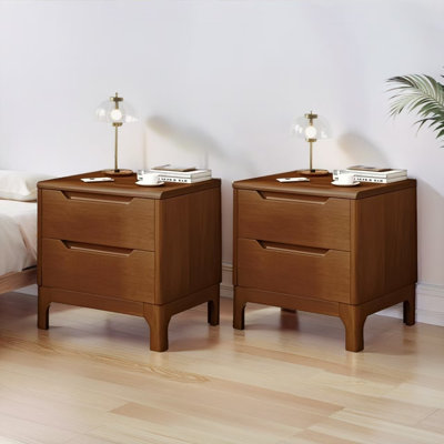 19.6''H Walnut Solid Wood 2-Drawer Nightstand, Minimalist Recessed Handle Bedside Table