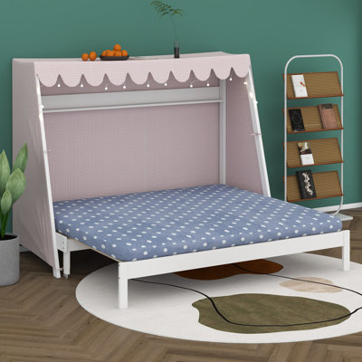 Lit maison avec lit gigogne, tente et éclairage à DEL, lit pratique en bois avec tablette de rangement, lit de jour extensible confortable