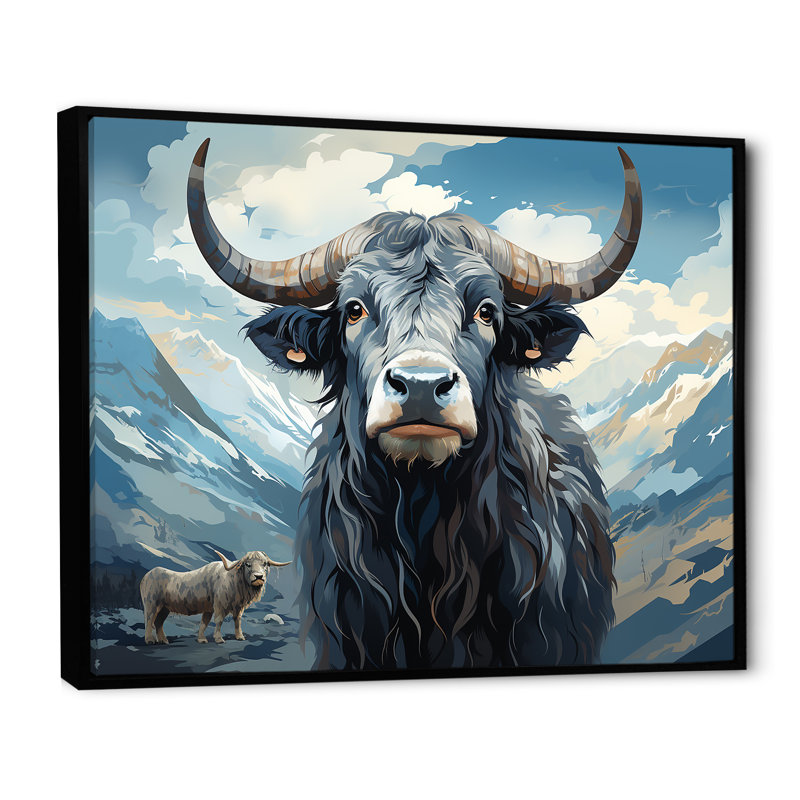 «Blue and Gray Yak», peinture sur toile, Cadre flottant noir, H 30 po x l 40 po x P 1,5 po