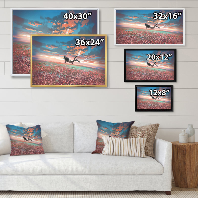 Jeu vidéo surréel scène plongeur flottant - peinture sur toile, H 8 po x l 12 po x P 1 po, Cadre flottant brun