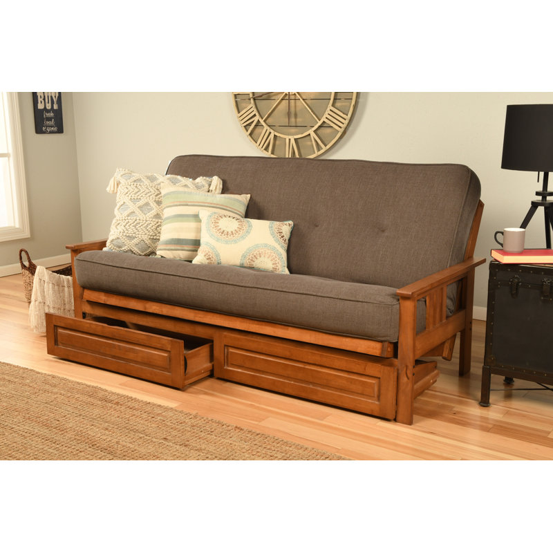 Le cadre de futon double Stratford comprend des tiroirs de rangement et un matelas, Innerspring, Lin cacao clair, Barbade