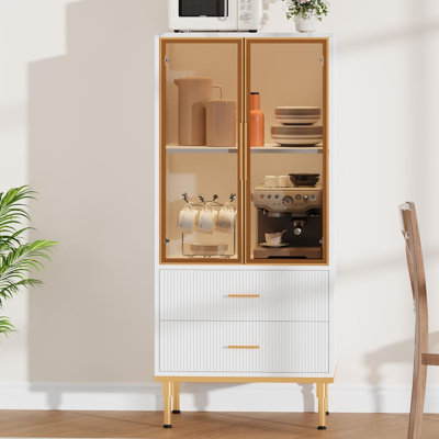 Armoire de rangement cannelée avec porte en verre et 2 tiroirs, armoire de rangement moderne, garde-manger avec tablettes réglables pour objets de collection, salon, bureau