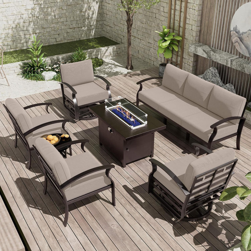 6-Piece Outdoor Patio  Furniture Aluminum Conversation Set Swivel&Glider Armchair With LP Fire Pit Table, Tan