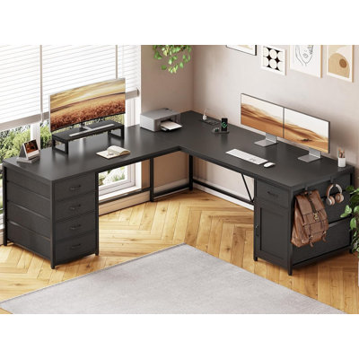 63“ W L Shaped Desk Larger Home Office Desk Corner Desk with 5 Drawer & Power Outlet