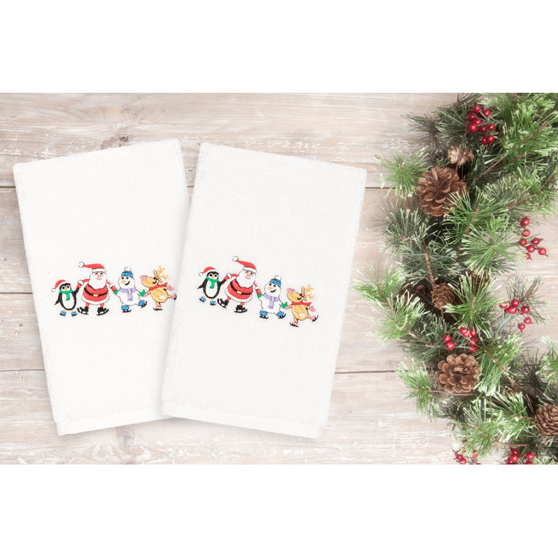 Christmas Skating Party Embroidered Luxury Turkish Cotton Hand Towel, White