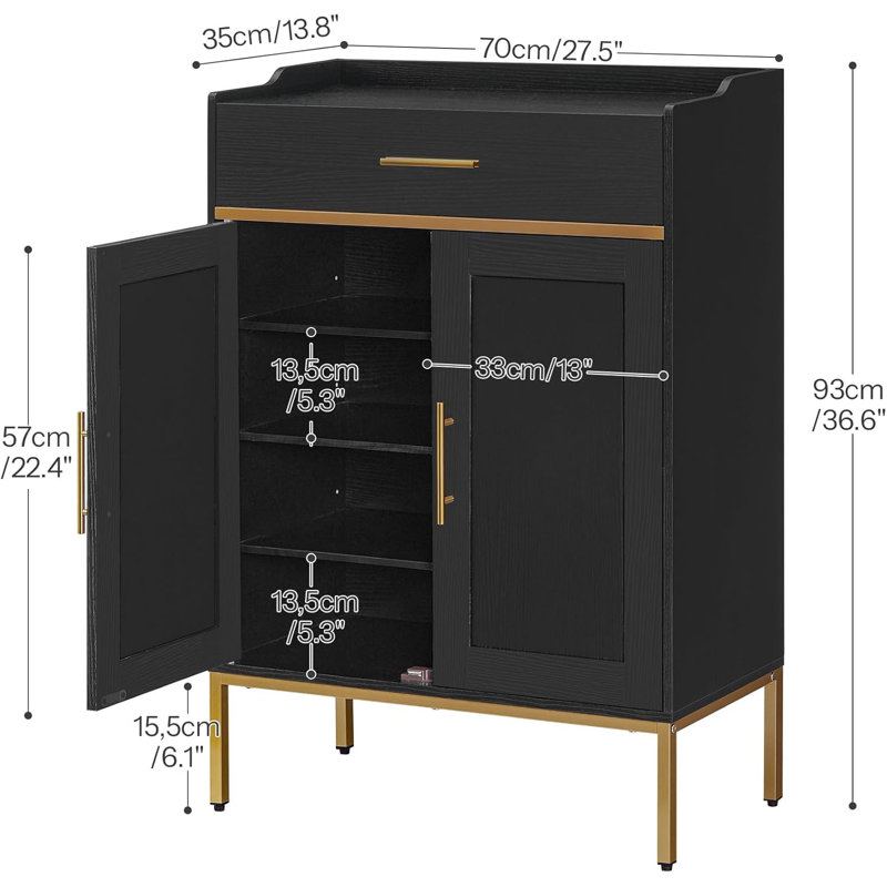 Range-chaussures avec portes, range-chaussures à 5 niveaux avec tiroirs, range-chaussures de 36,6 po de hauteur, range-chaussures en bois pour l'entrée, tablettes réglables, noir