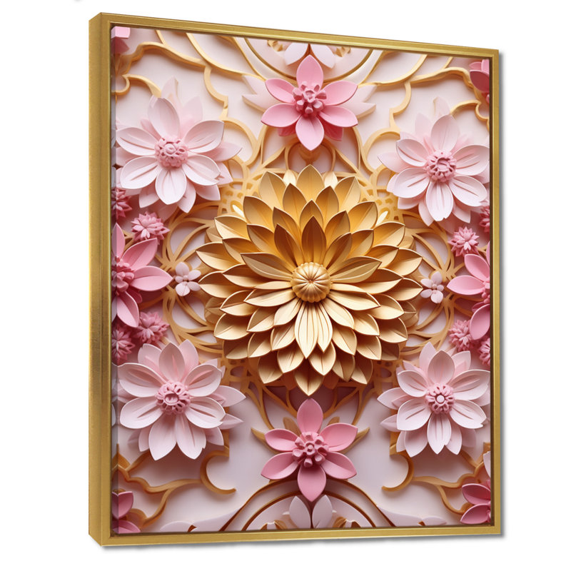 Or rose lotus ornemental Essence - impression d'art mural Mandala Boho, Toile avec cadre flottant or