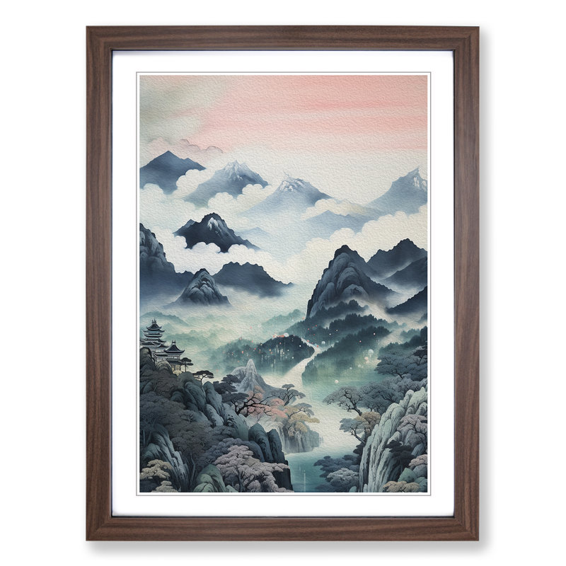 Japanese Mountains Contemporary - Framed Print, 64cm H x 46cm W x 2cm D, Walnut 