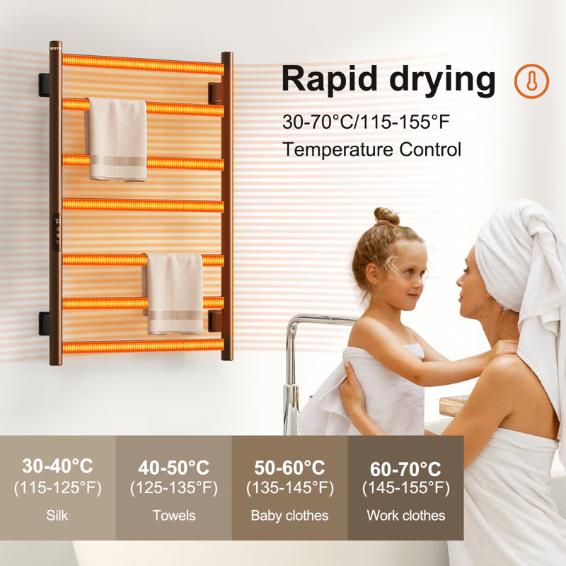 Sèche-serviettes mural électrique 7 barres, porte-serviettes chauffant 150 W 800 × 500 mm avec minuterie à écran tactile intelligent et contrôle de la température