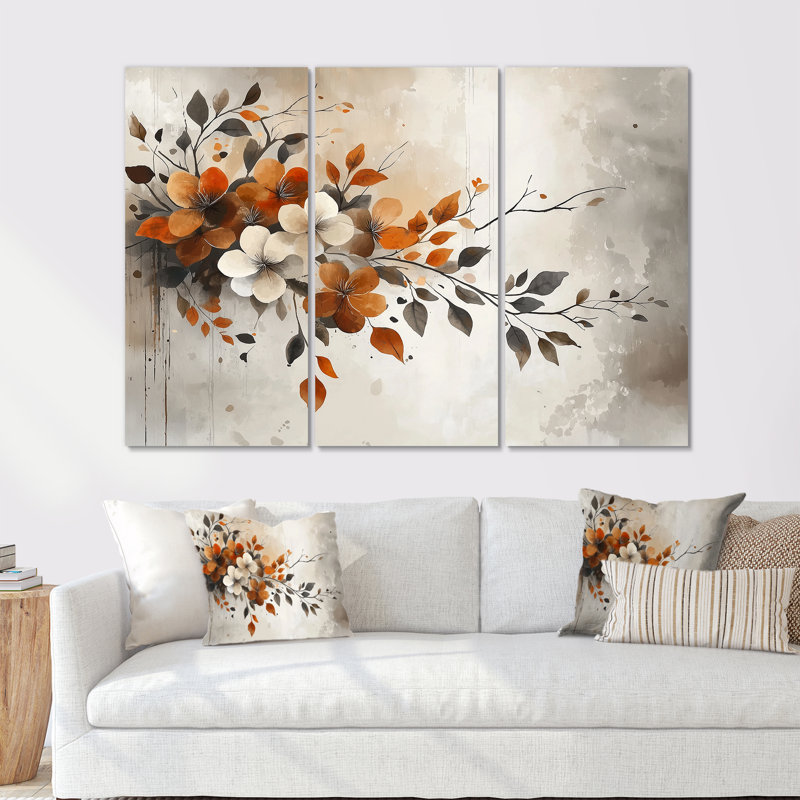 Ensemble d'impressions botaniques orange, beige et cerisier en fleurs, Métal métal, H 32 po x l 48 po x P 1 po