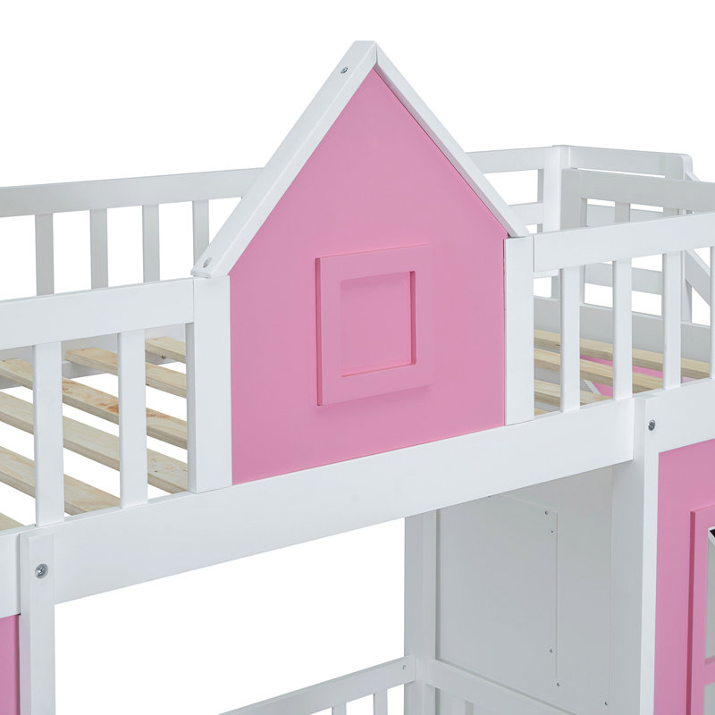 Bunk Bed With Changeable Table, Bunk Bed Turn Into Upper Bed And Down Desk, Pink
