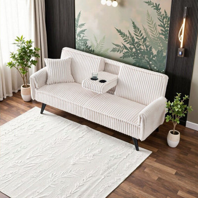 Minimalist White Corduroy Sofa – 2-Seater Straight-Line Design for Living Room & Bedroom