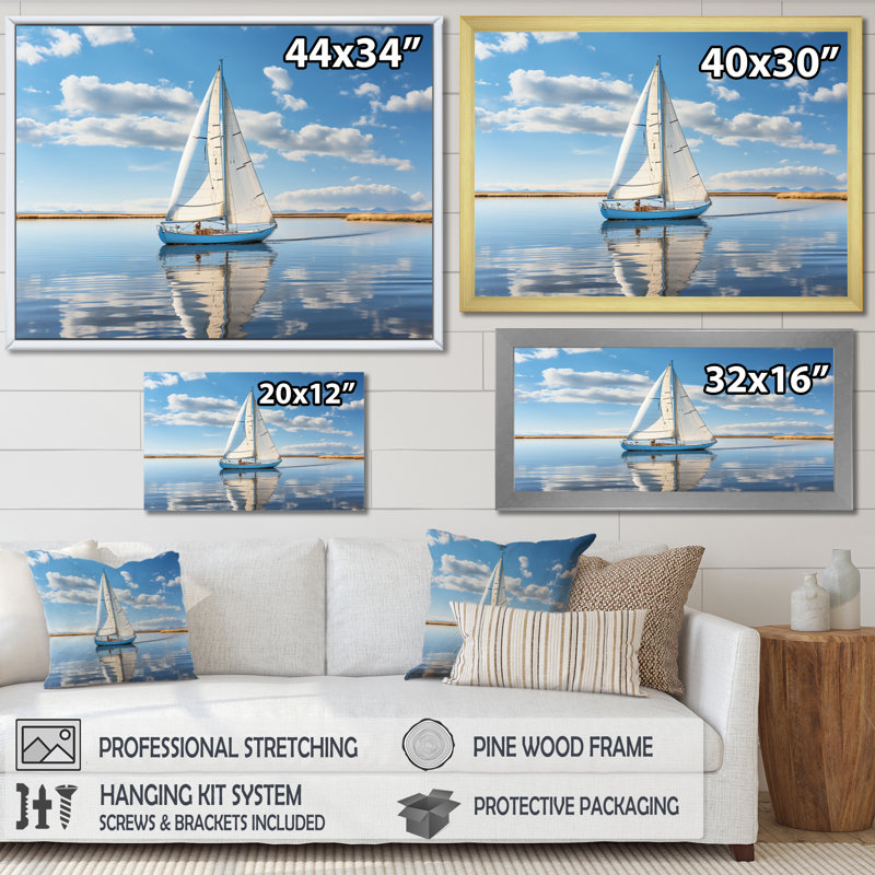 Voilier, voile, sérénité I - Bateau, art mural sur toile, Cadre flottant blanc, 24" H x 32" W