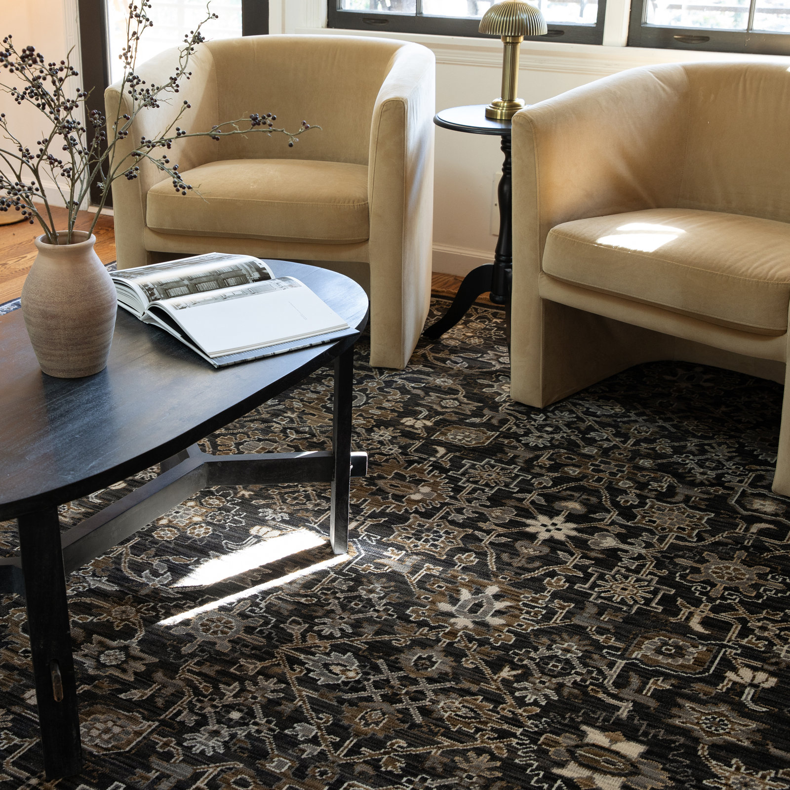 Abena Charcoal Tan Borderless Oriental Wool Rug, Runner 2'6" x 10'
