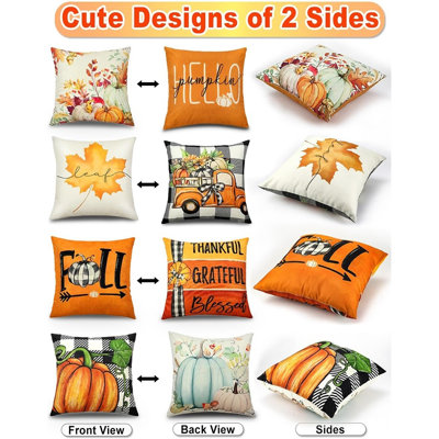 Ensemble de 4 housses de coussin d'automne de l'Action de grâce - Housses de coussin décoratif en lin à double face citrouille, écossais de Buffalo et feuille d'érable pour la décoration intérieure et extérieure