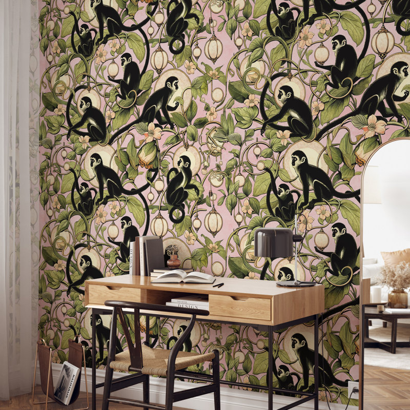 Whimsical Jungle Monkey Wallpaper in Pink, Green/Pink