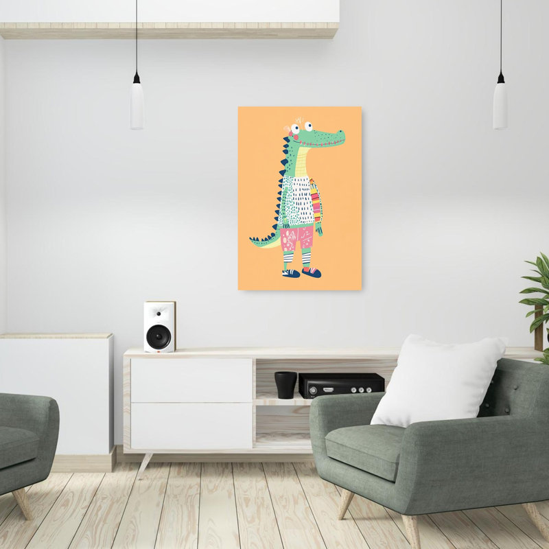 Playful Croc In Outfit Modern Alligator Crocodile Wall Art Print 1 Piece Wrapped Canvas Wall Art, 91.44cm H x 60.96cm W
