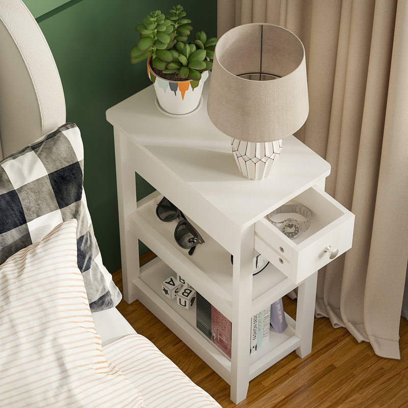 24'' Tall End Table, Narrow Side Table with Drawer and Shelves for Small Space, White, 1