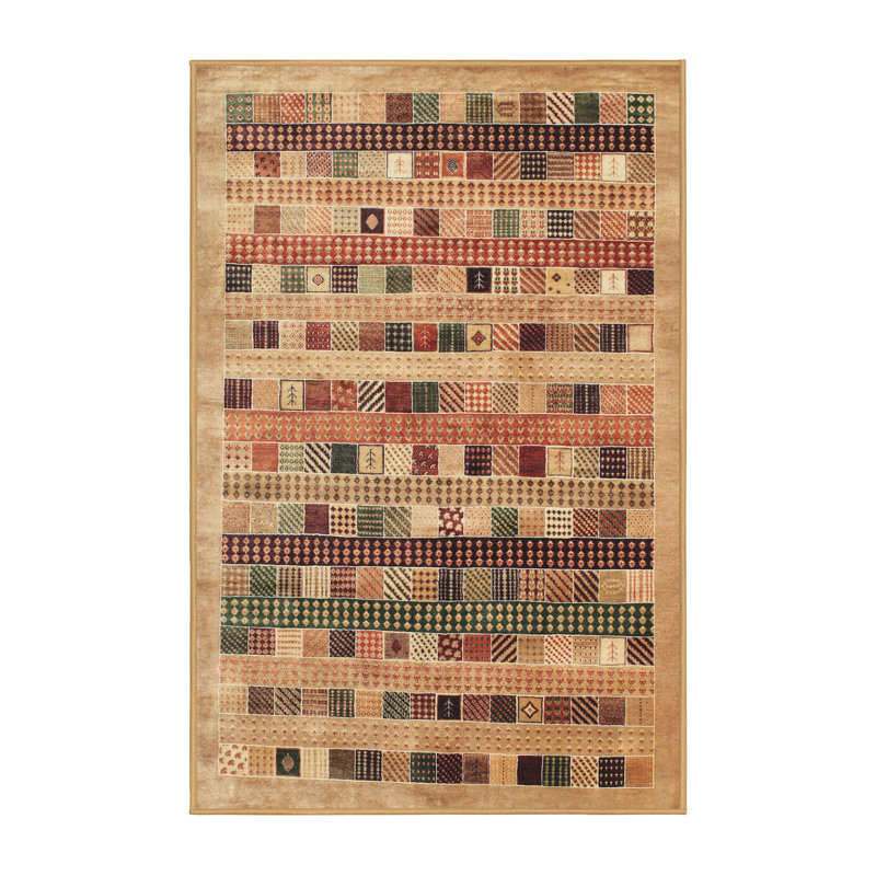 Tapis contemporain beige / vert / rouge, Rectangle 5 pi x 7 pi