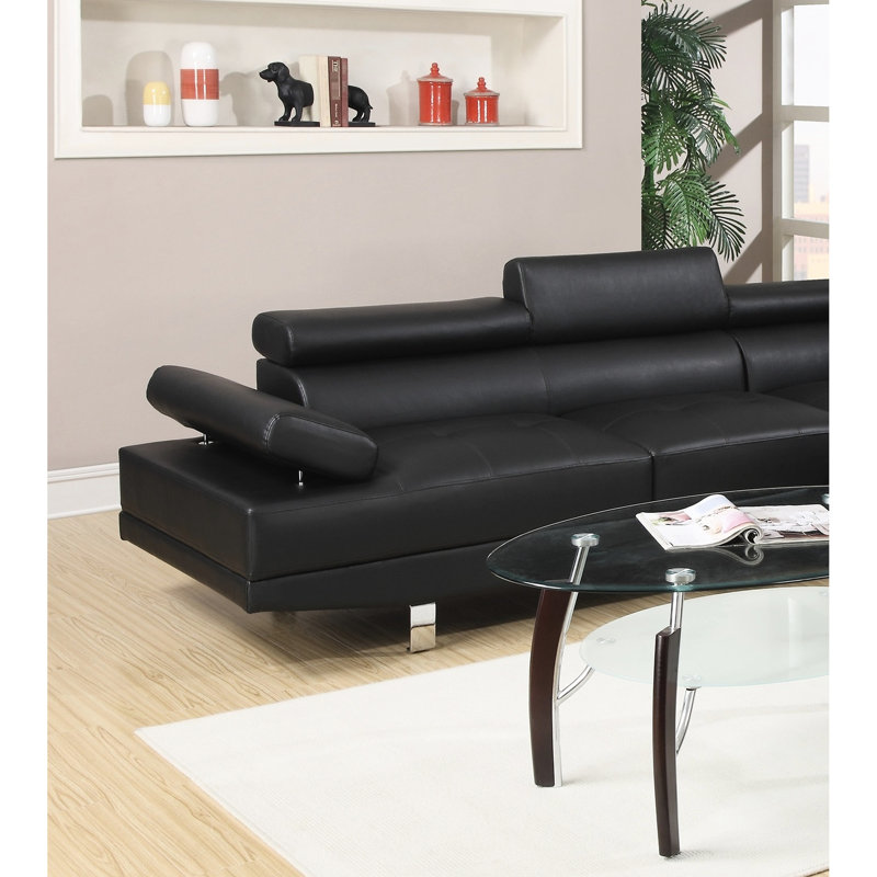 Élégant canapé modulaire noir en similicuir avec accoudoirs réglables et classiques en bois