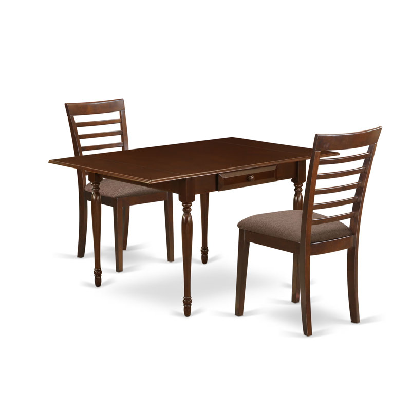 3 Piece Dining Room Set Contains a Rectangle Kitchen Table with Dropleaf and 2 Linen Fabric Upholstered Dining Chairs, Mahogany