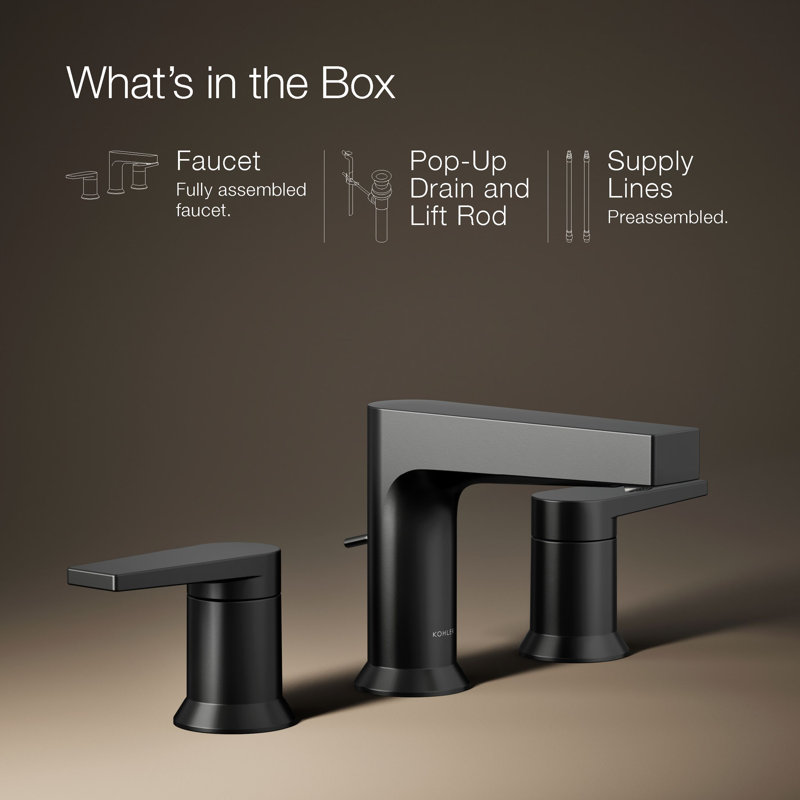 Kohler Taut Widespread Bathroom Faucet with Pop-Up Drain Assembly, 3 Hole 2-Handle Bathroom Sink Faucet, 1.2 gpm, Matte Black