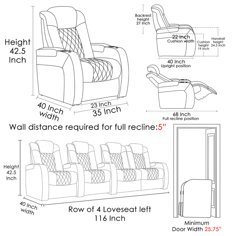 Siège de cinéma maison inclinable électrique en cuir avec porte-gobelet (rangée de 4 causeuses à gauche), Cuir véritable bleu