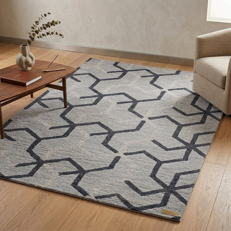 Tapis rectangulaire en laine beige et noire, fait main, géométrique et noué à la main