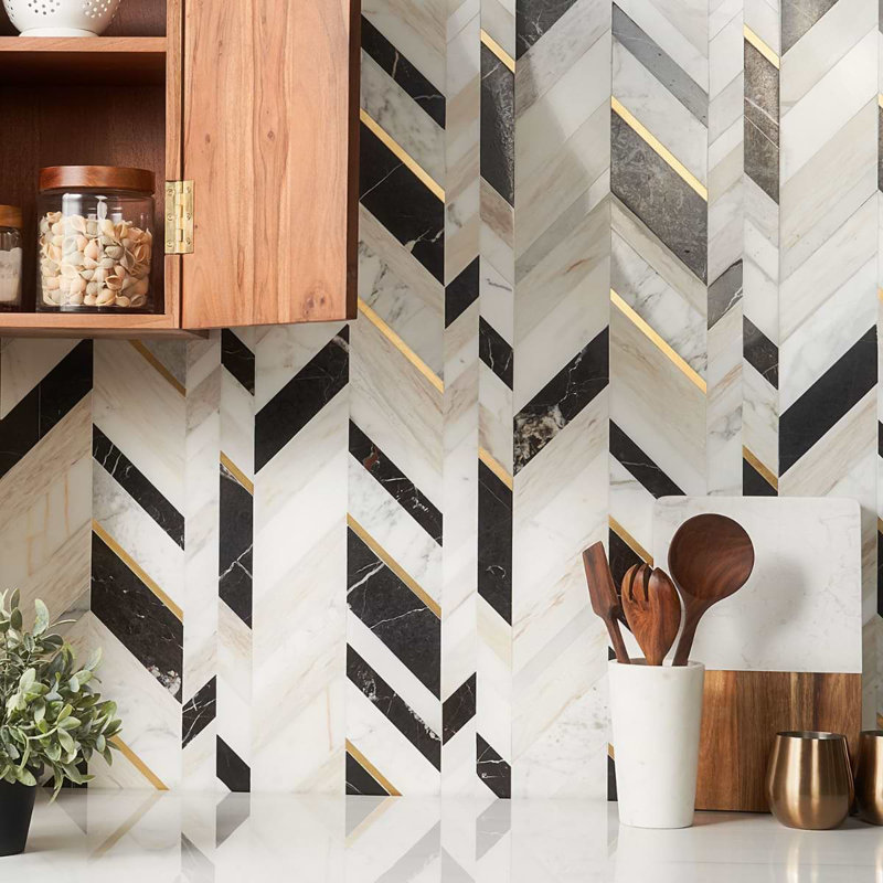 Amari 12x19 Chevron Polished Marble & Aluminum Inlay Mosaic Tile, Saint Laurent