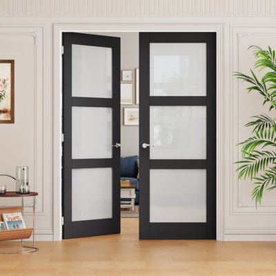 72" x 80"  3-Lite Black Frosted Glass French Door with Silver Hinges, Privacy Glass Door Slab, Sound-Dampening & Waterproof, Suit for Laundry, Closet Doors, Room Doors, Latch & Door Lever Included