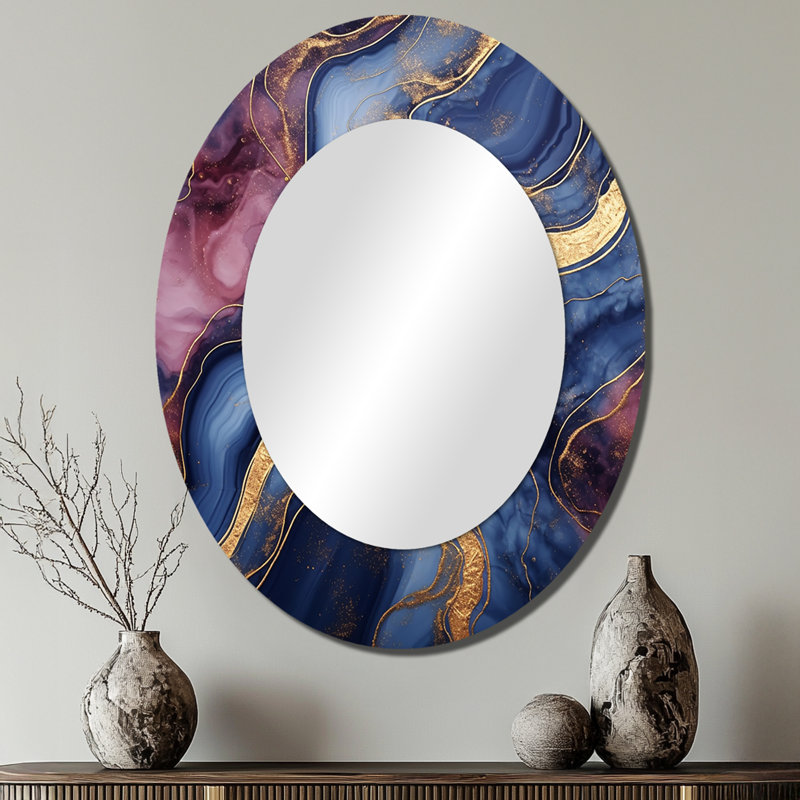 Essence de marbre abstraite bleue et dorée II - Miroir décoratif ovale abstrait sur métal, 40 po x 30 po