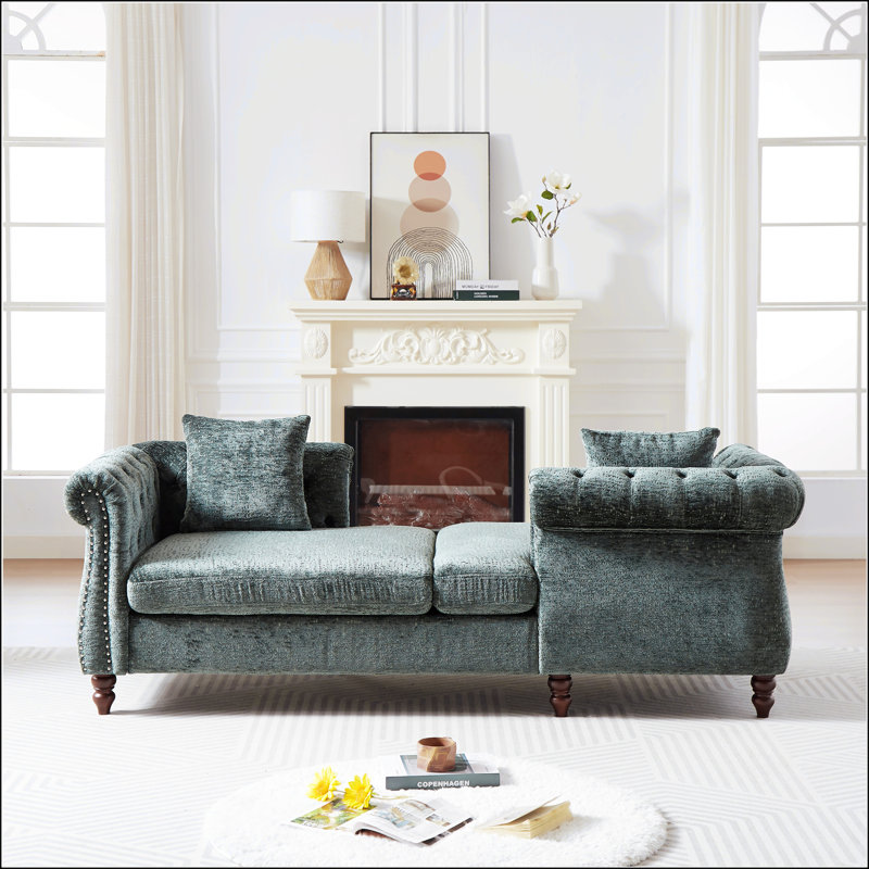 Chaise longue d'intérieur en chenille de 81 po avec coussins et motif Guesno, Chenille verte