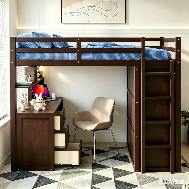 Lit mezzanine avec bureau intégré, tablette de rangement, 3 tiroirs et garde-robe, Twin, Espresso