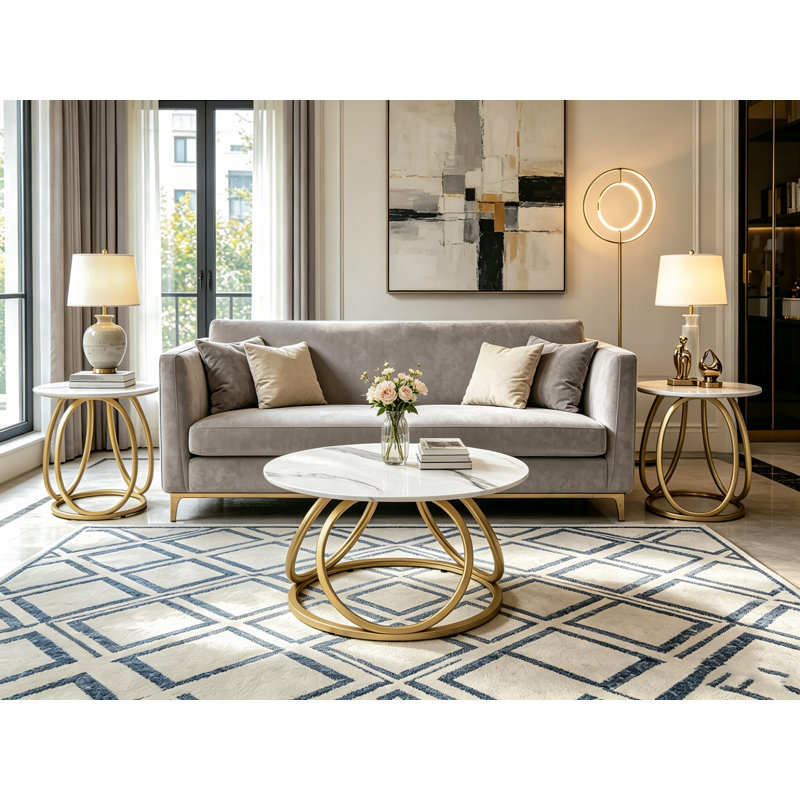 Living Room Table Set, Calacatta White/Gold