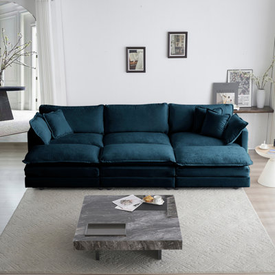 Blue Chenille Sectional With Cushioned And 3 Ottomans For Comfort Breathable Ergonomic Design In