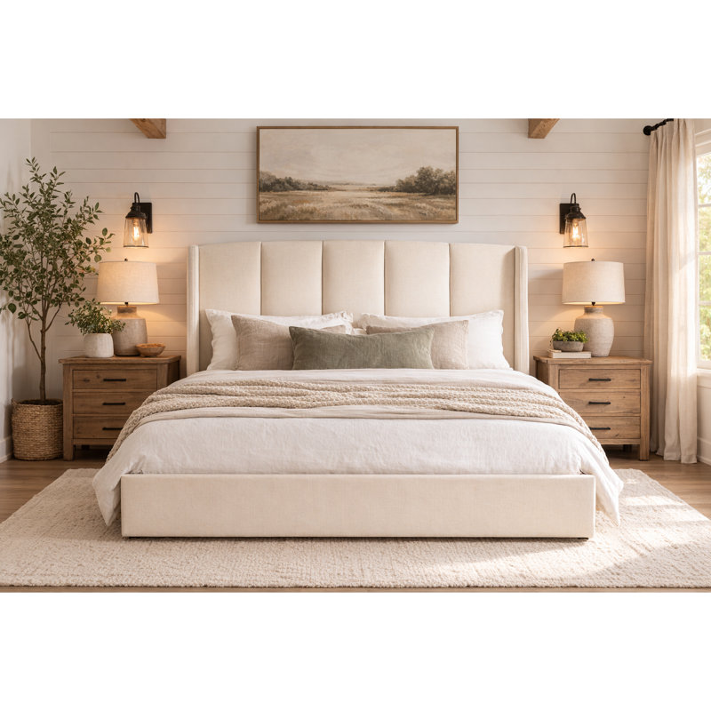 Balynda 46.9” Tall Linen Wingback Hydraulic Lift Up Storage Upholstered Platform Bed, Beige, Queen